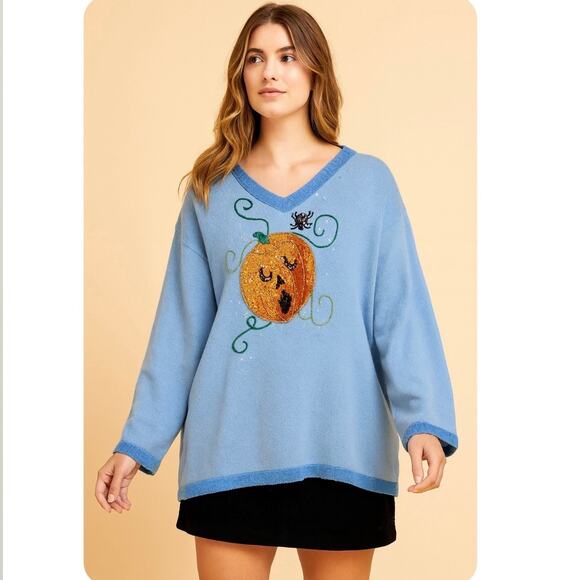 Vintage Halloween Sequin Jack O Lantern Pumpkin Coastal Grandma Sweater - Picture 4 of 13